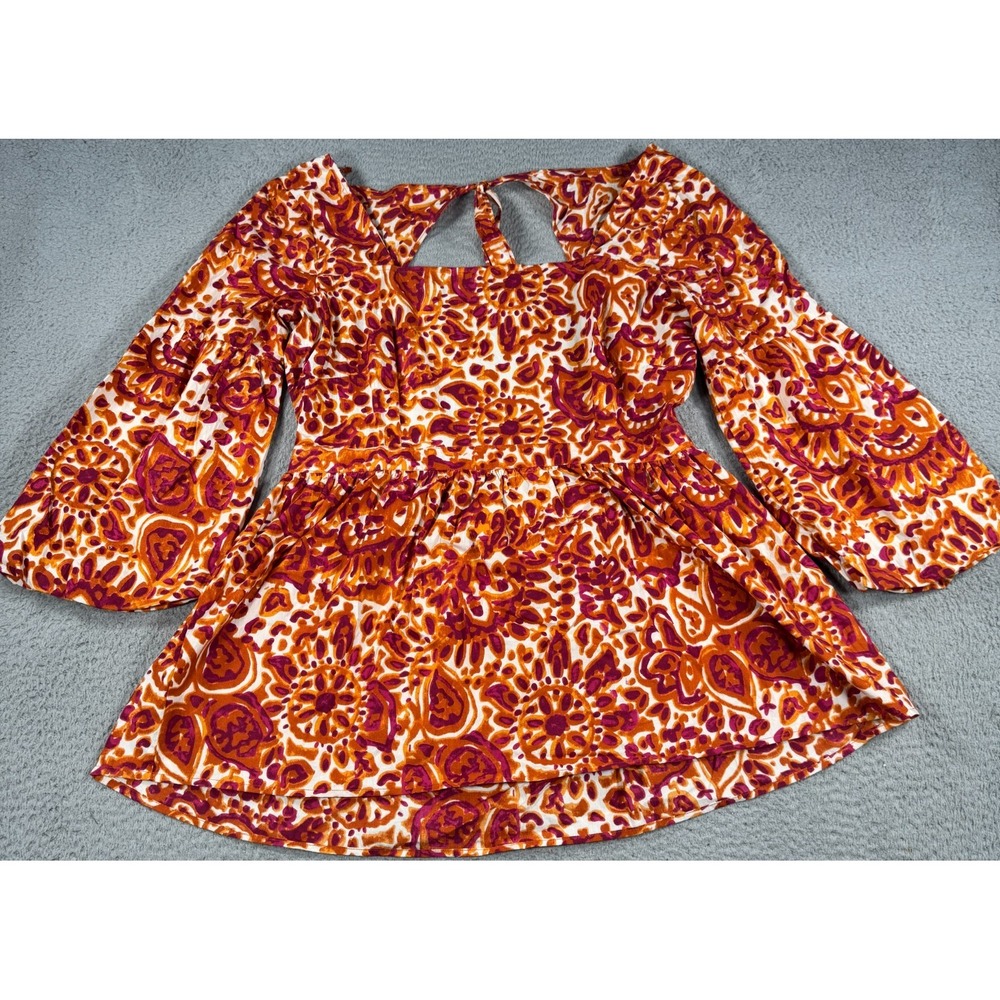 Anthropologie Love The Label‎ Blouse Women's XL Orange Floral Tie Back Cocktail